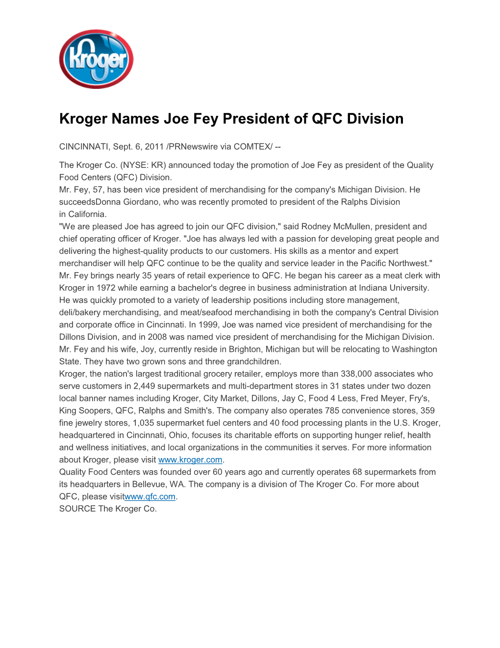 Kroger Names Joe Fey President of QFC Division