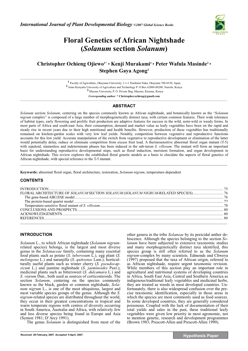 Floral Genetics of African Nightshade (Solanum Section Solanum)