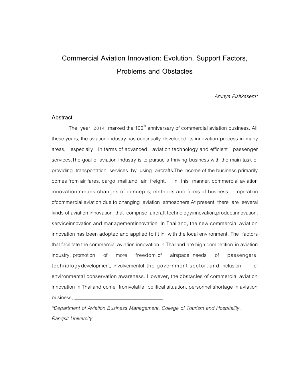 Commercial Aviation Innovation: Evolution, Support Factors, Problems and Obstacles