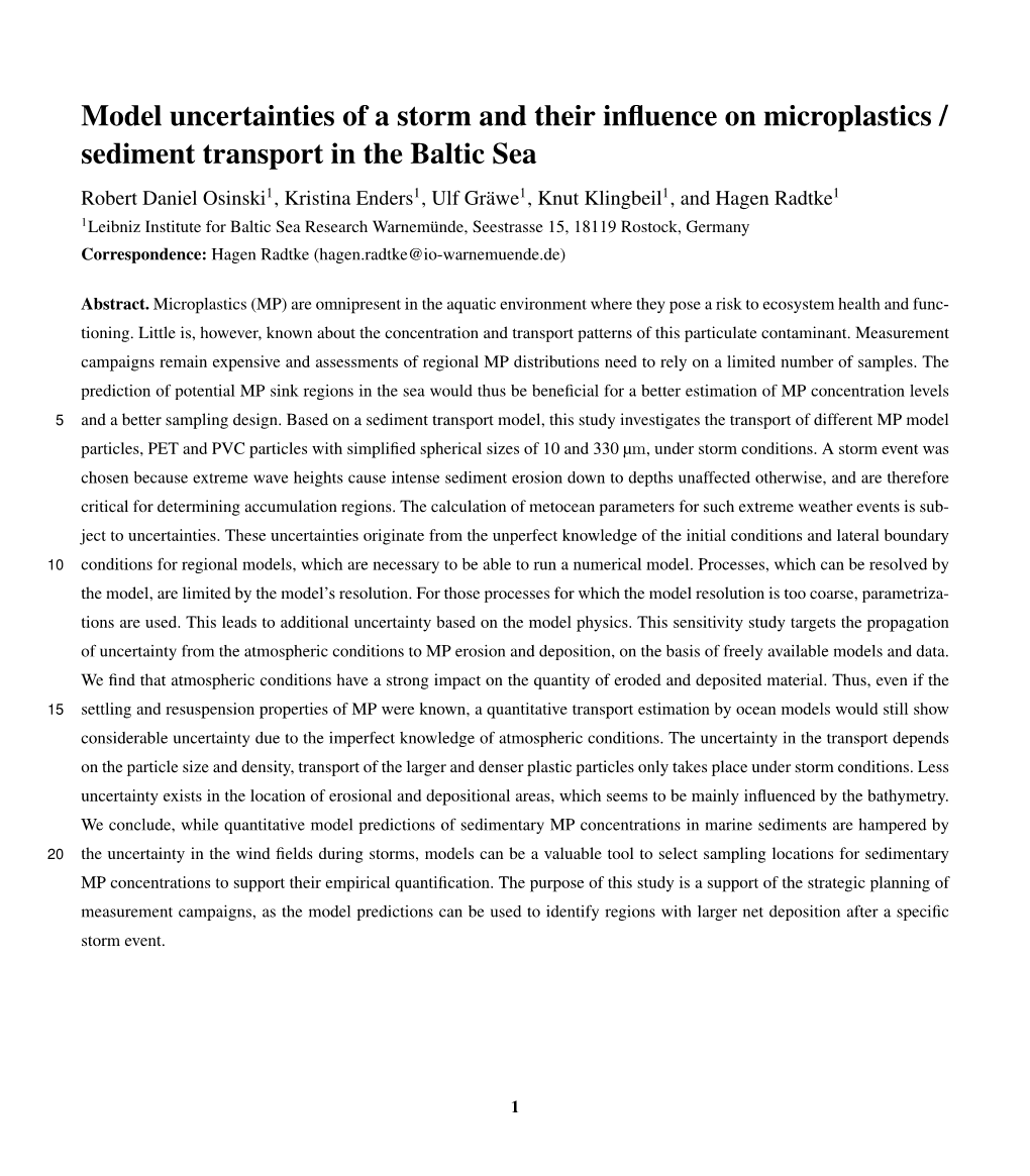 Model Uncertainties of a Storm and Their Influence on Microplastics