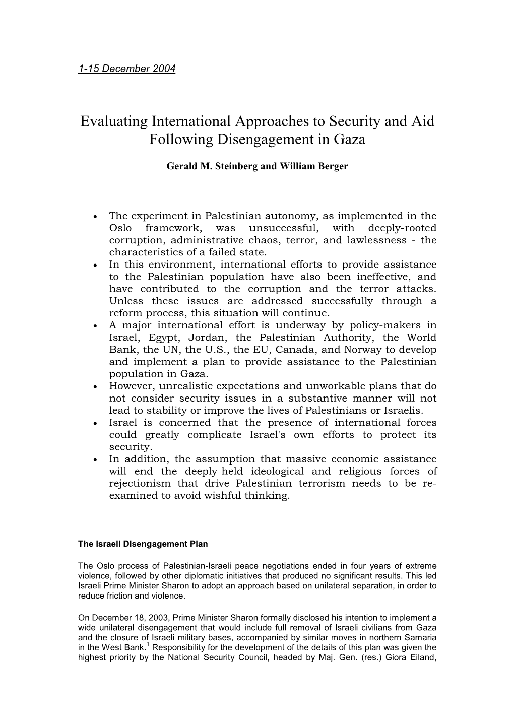 Evaluating International Approaches to Security and Aid Following Disengagement in Gaza