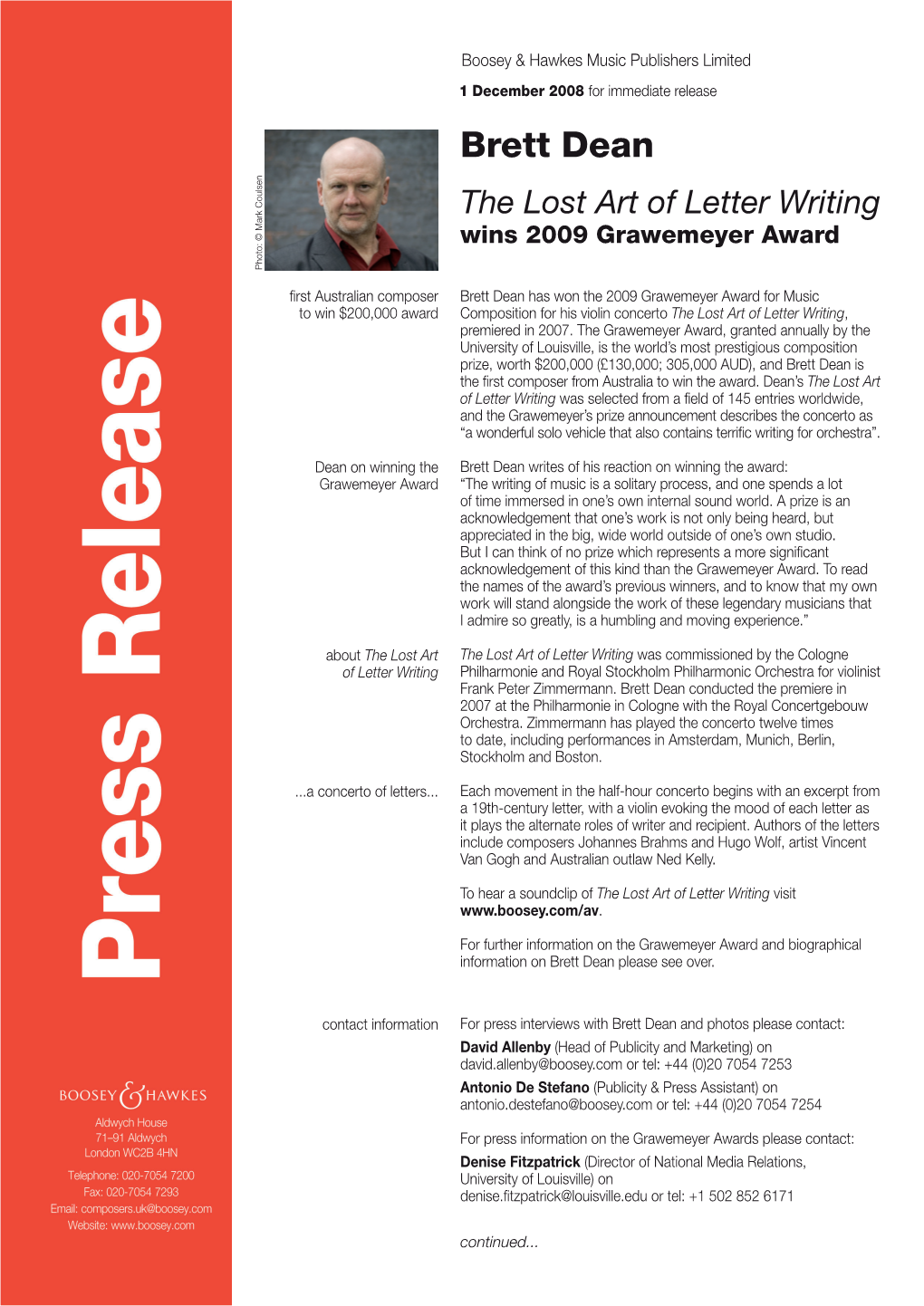 Brett Dean the Lost Art of Letter Writing Wins 2009 Grawemeyer Award Photo: © Mark Coulsen