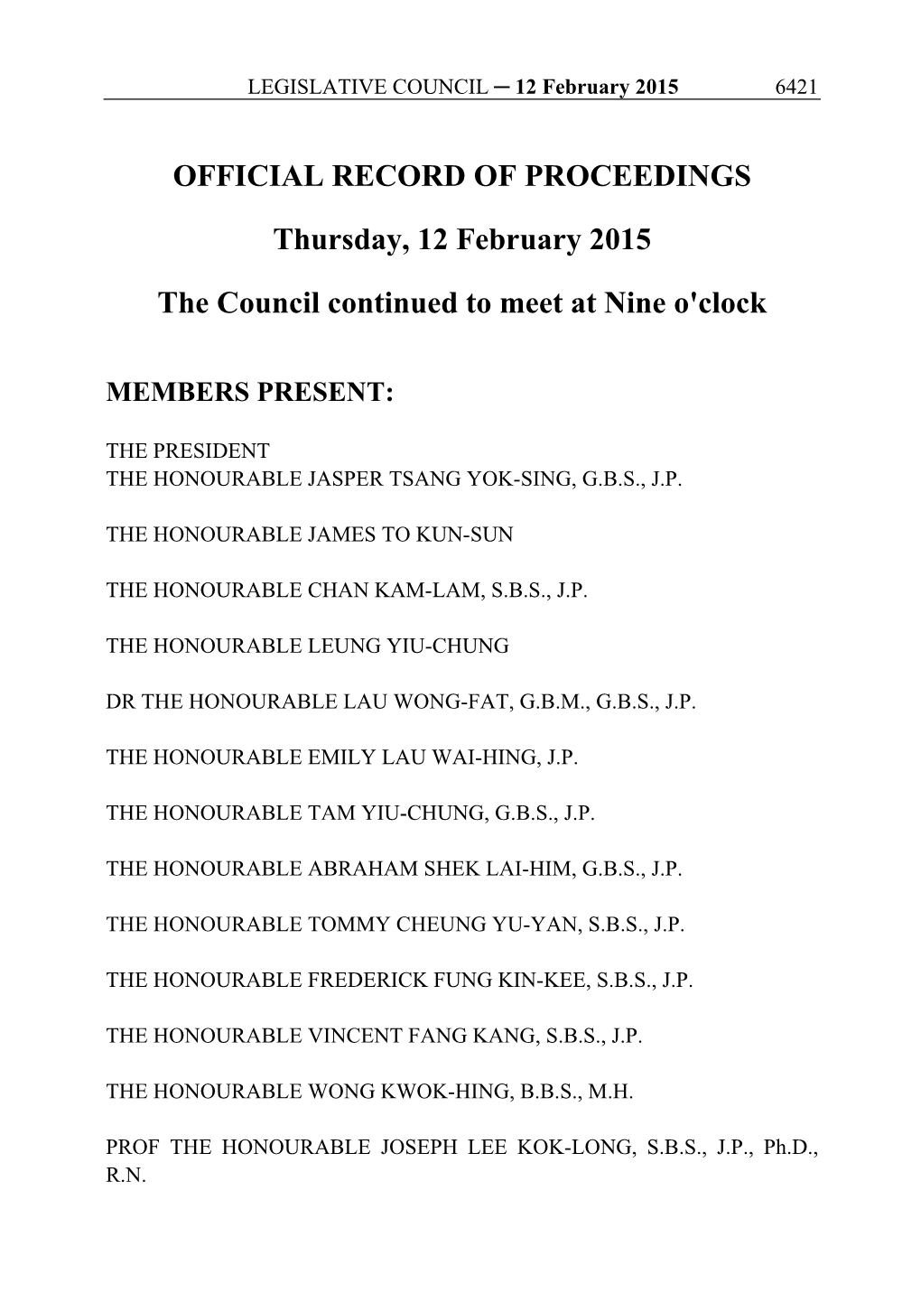 OFFICIAL RECORD of PROCEEDINGS Thursday, 12