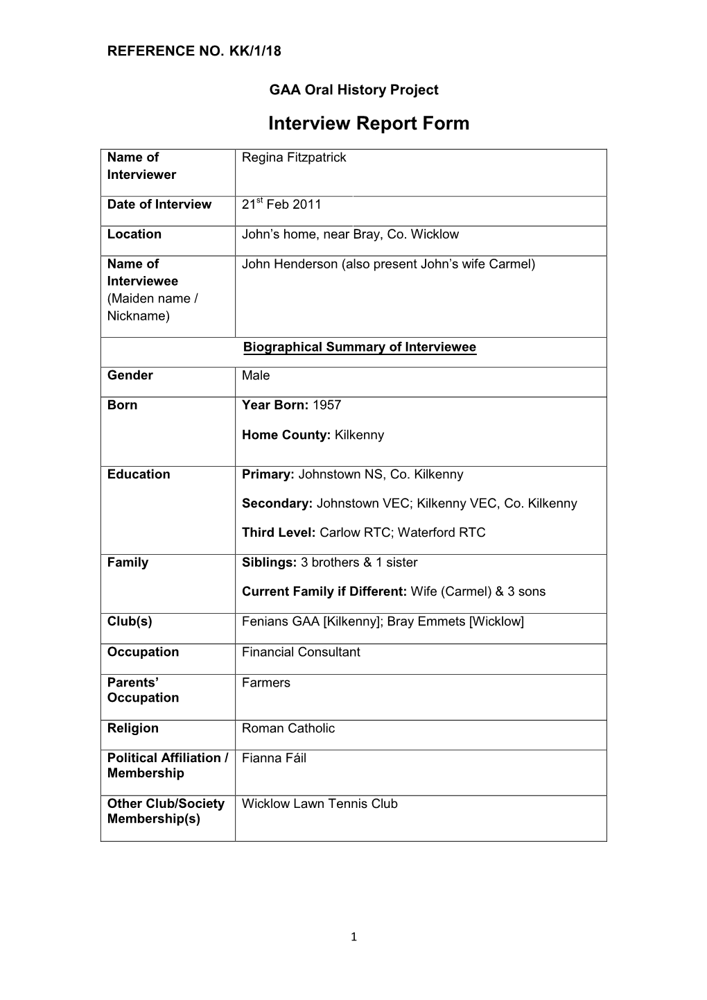 GAA Oral History Project Interview Report Form