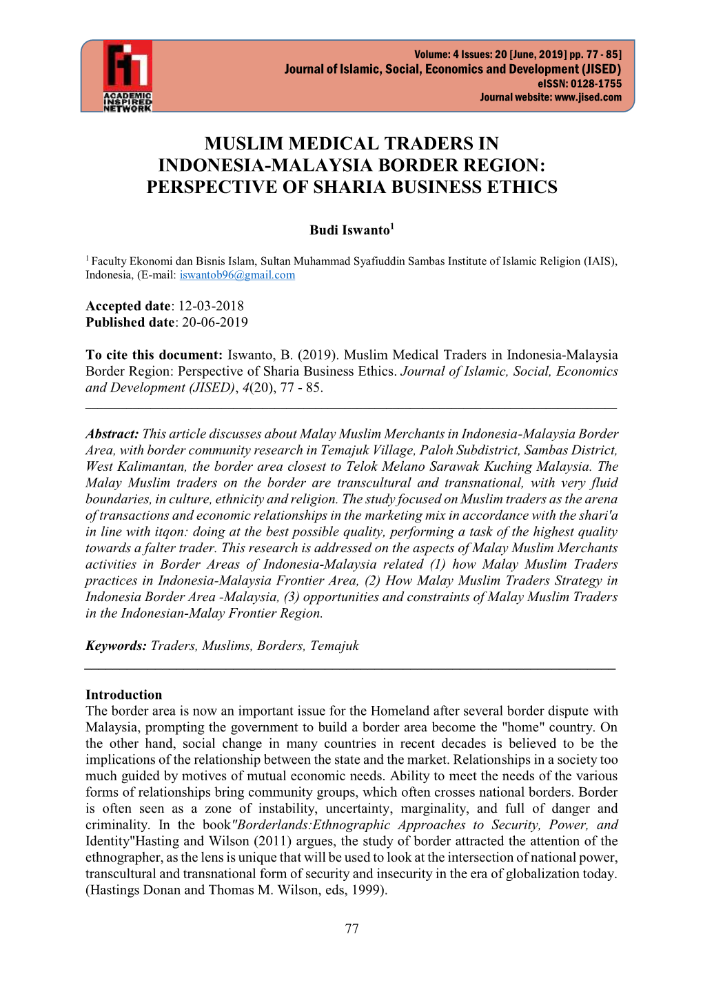 Muslim Medical Traders in Indonesia-Malaysia Border Region: Perspective of Sharia Business Ethics