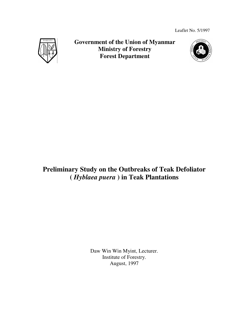 Preliminary Study on the Outbreaks of Teak Defoliator ( Hyblaea Puera ) in Teak Plantations