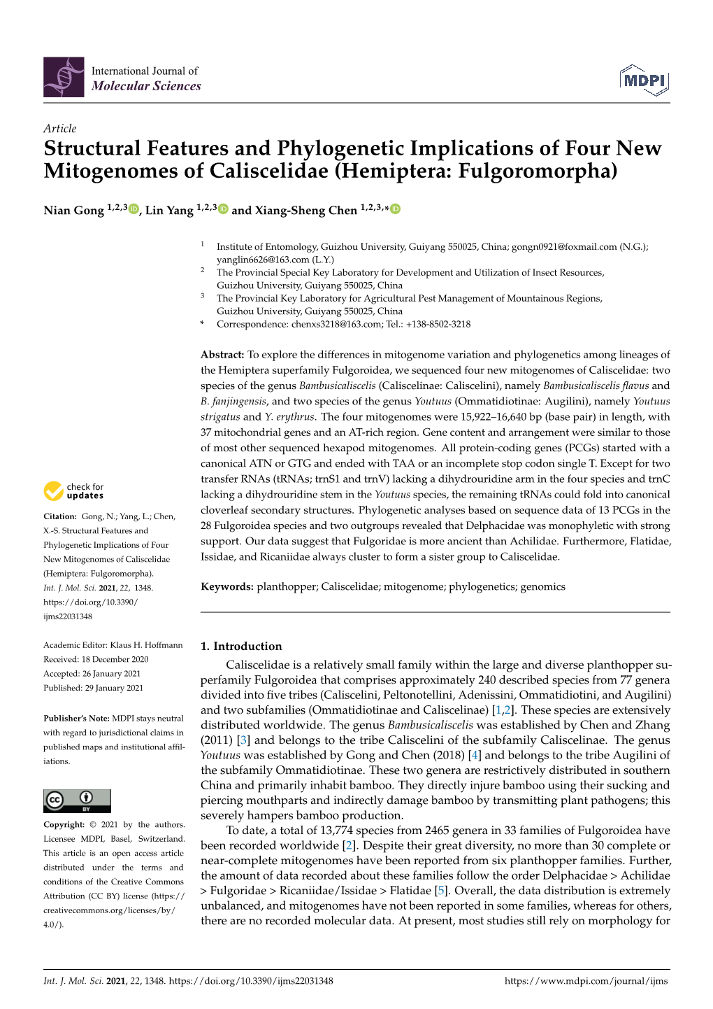 Structural Features and Phylogenetic Implications of Four New Mitogenomes of Caliscelidae (Hemiptera: Fulgoromorpha)