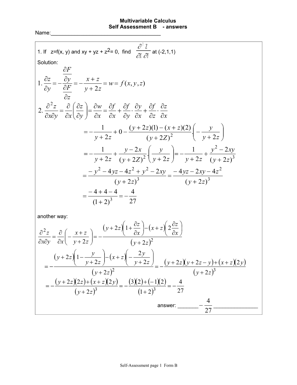 Calculus III Self Assessment B Exam 3 Chapter 14 Sanchez 97:3,4