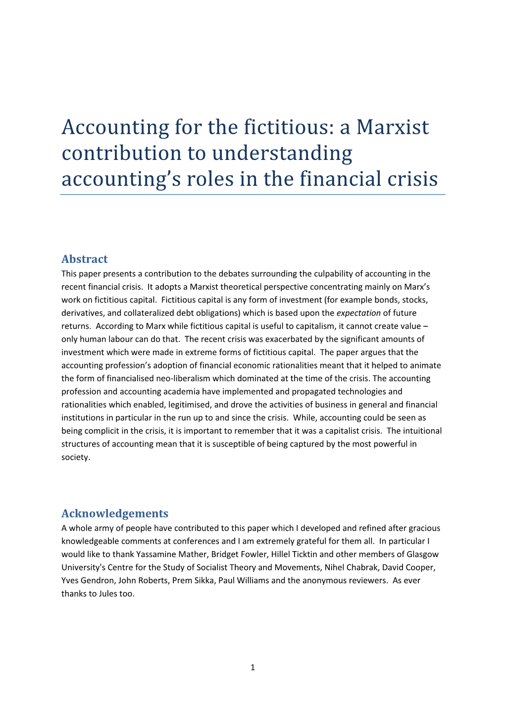 Accounting for the Fictitious: a Marxist Contribution to Understanding Accounting’S Roles in the Financial Crisis
