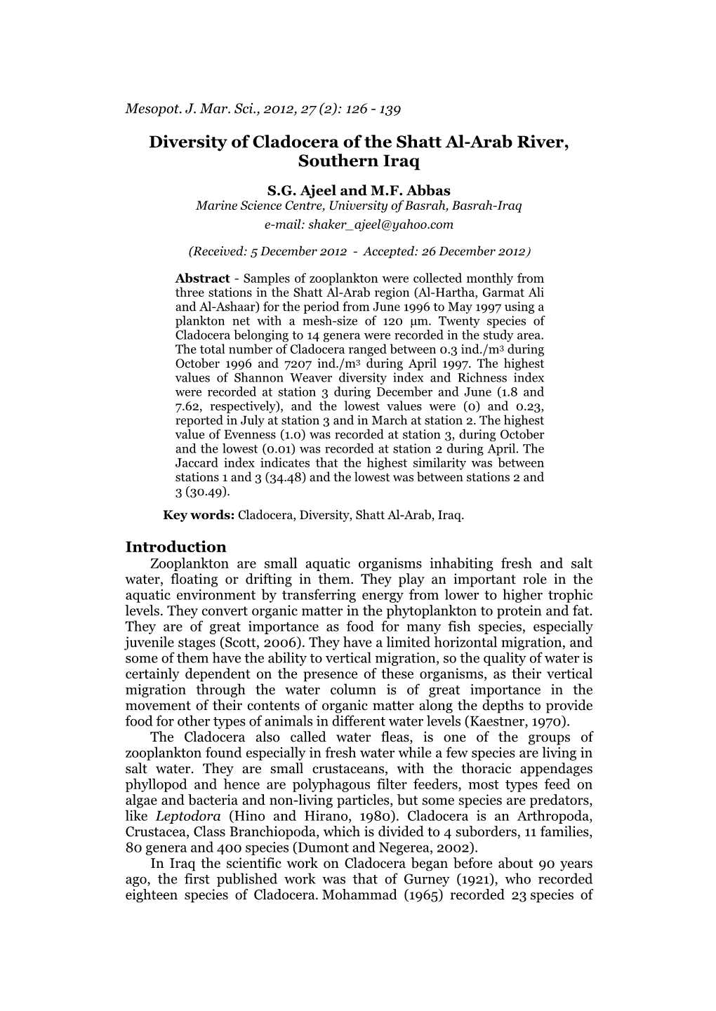 Diversity of Cladocera of the Shatt Al-Arab River, Southern Iraq