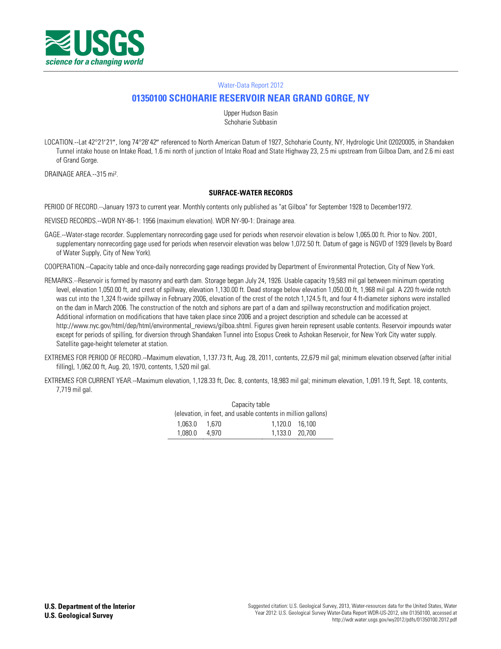 01350100 SCHOHARIE RESERVOIR NEAR GRAND GORGE, NY Upper Hudson Basin Schoharie Subbasin