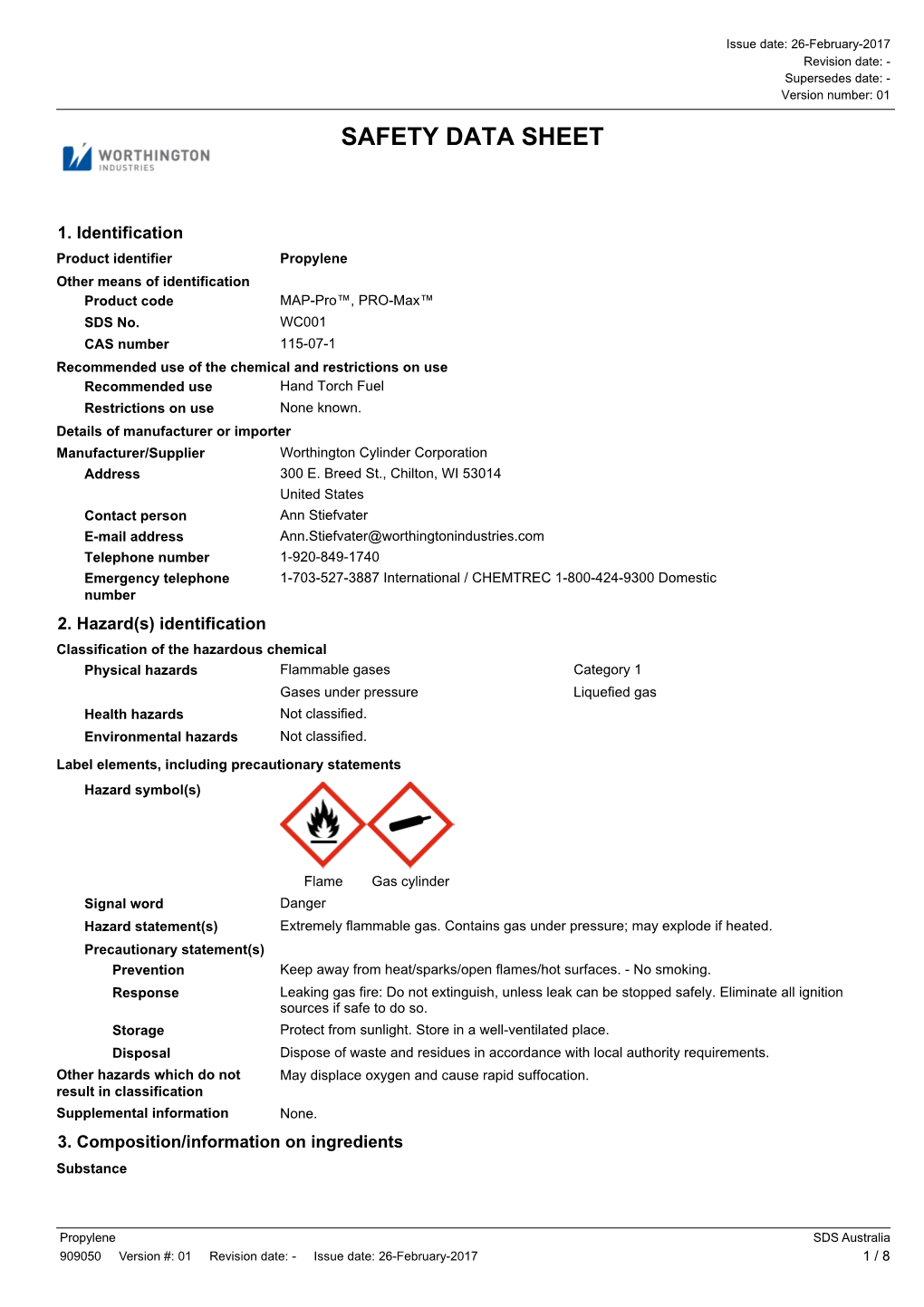 Propylene Other Means of Identification Product Code MAP-Pro™, PRO-Max™ SDS No