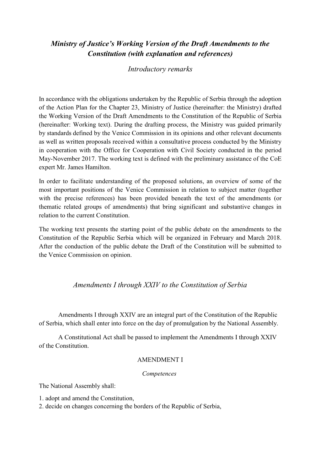 Working Draft of Amendments to the Constitution of the Republic of Serbia