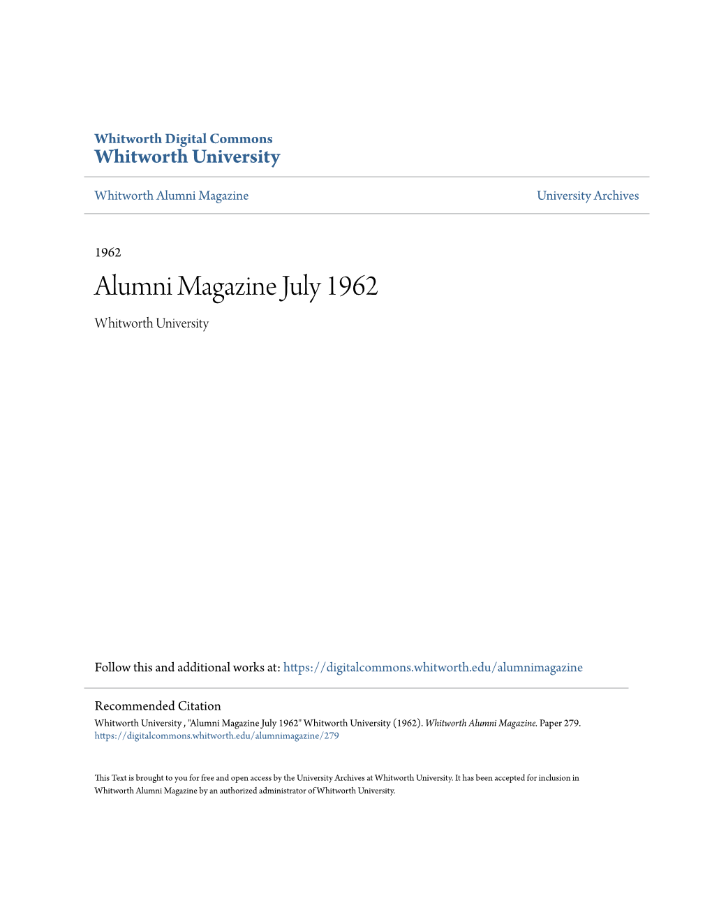 Alumni Magazine July 1962 Whitworth University