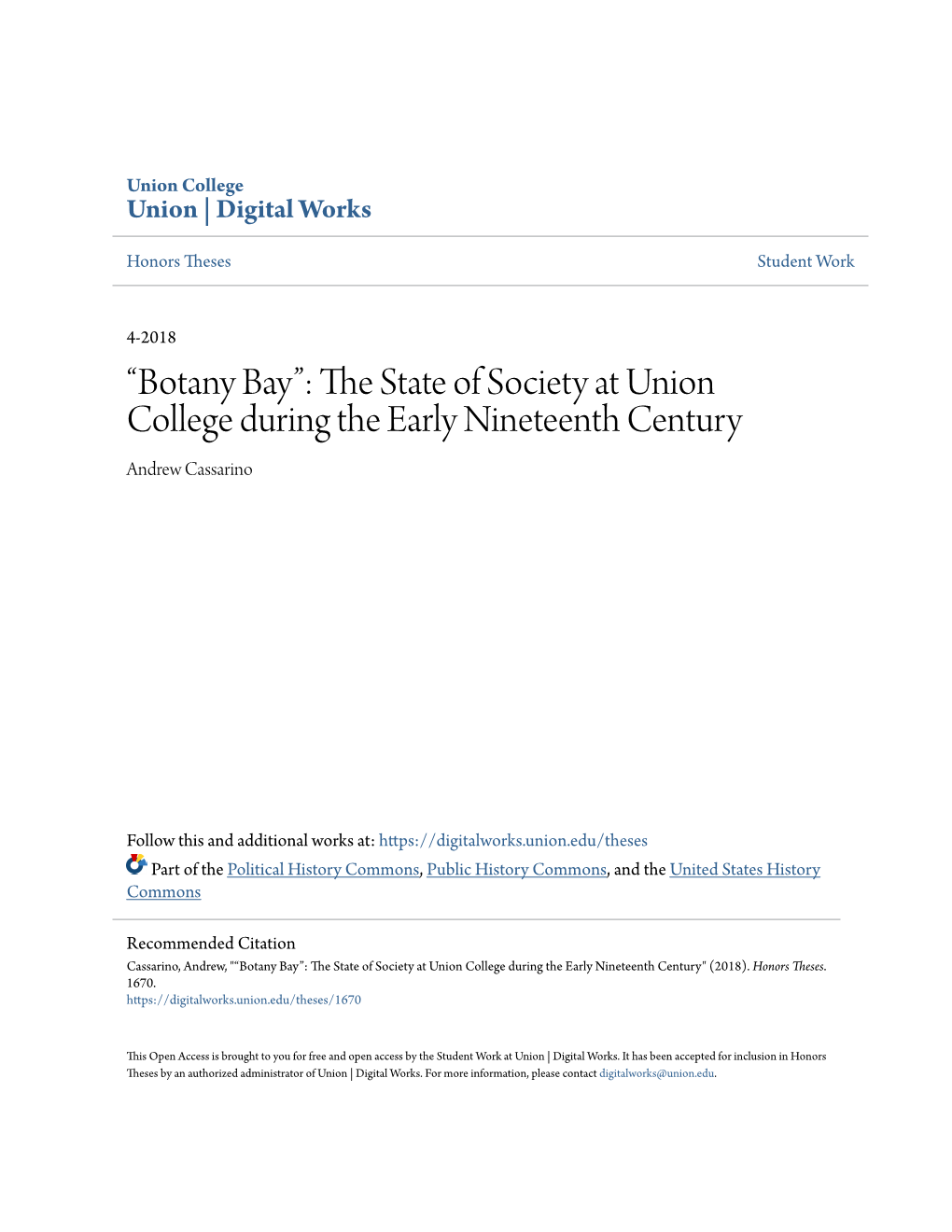 “Botany Bay”: the State of Society at Union College During the Early Nineteenth Century