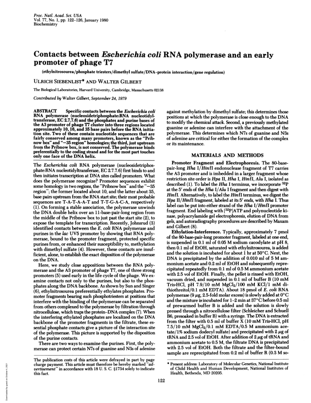Contacts Between Escherichia Coli RNA Polymerase and An