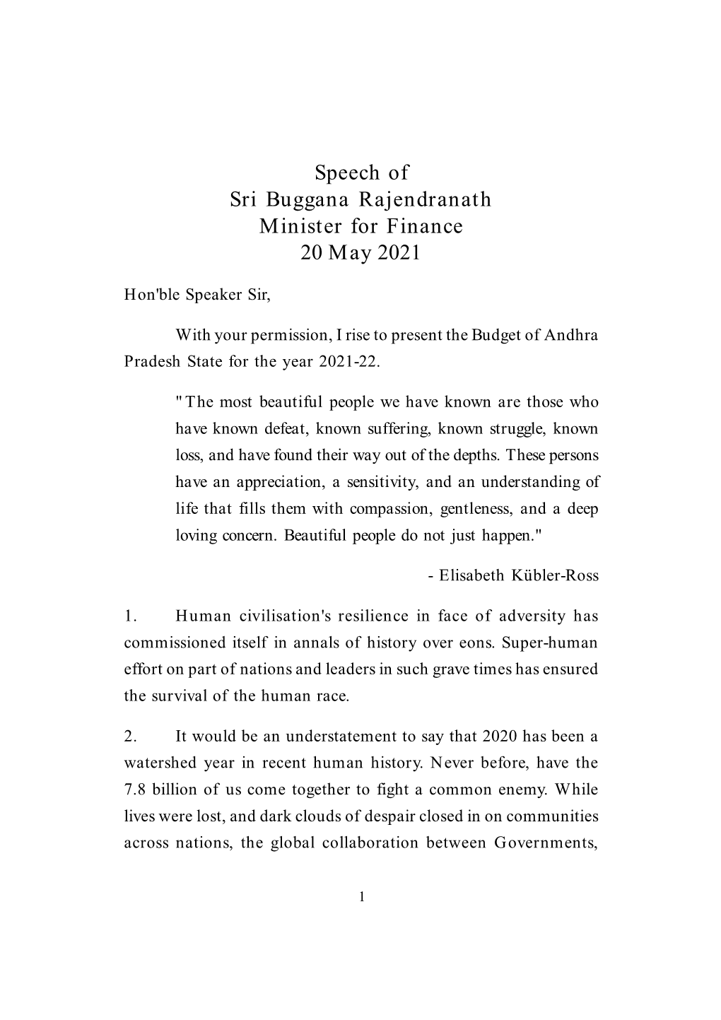 Speech of Sri Buggana Rajendranath Minister for Finance 20 May 2021