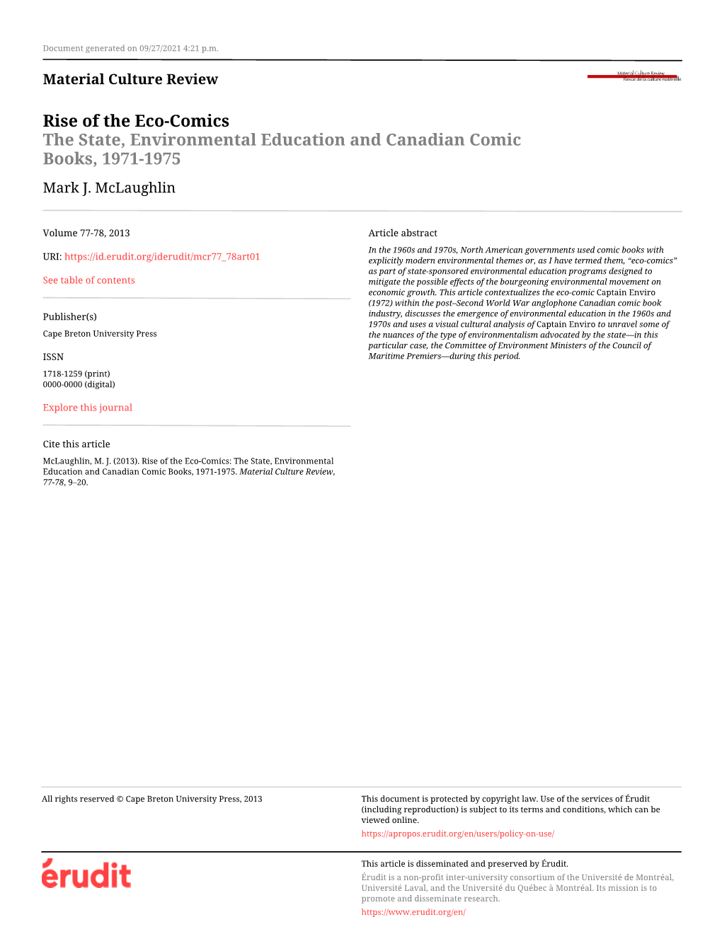 The State, Environmental Education and Canadian Comic Books, 1971-1975 Mark J