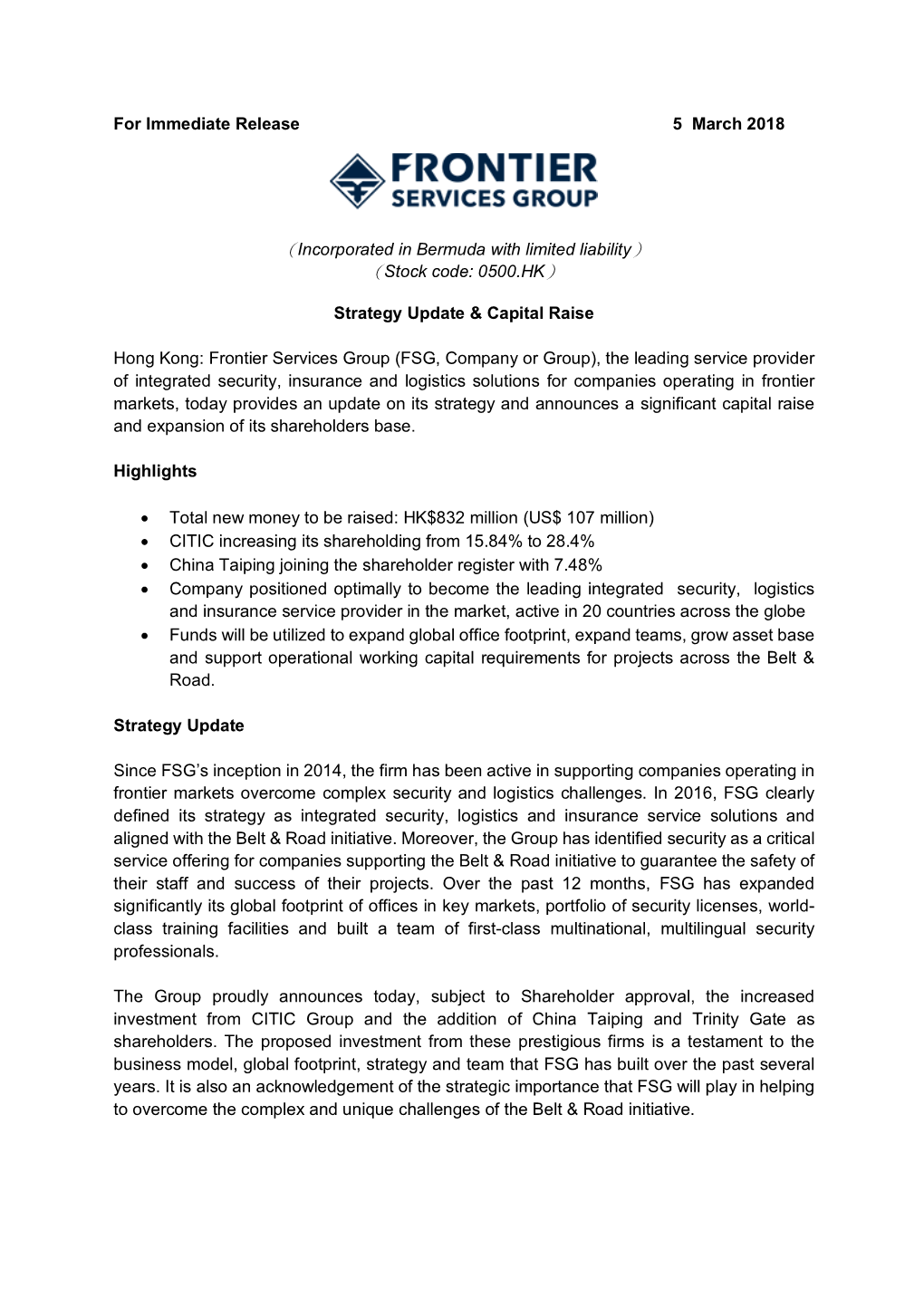 FSG Strategy Update Capital Raise