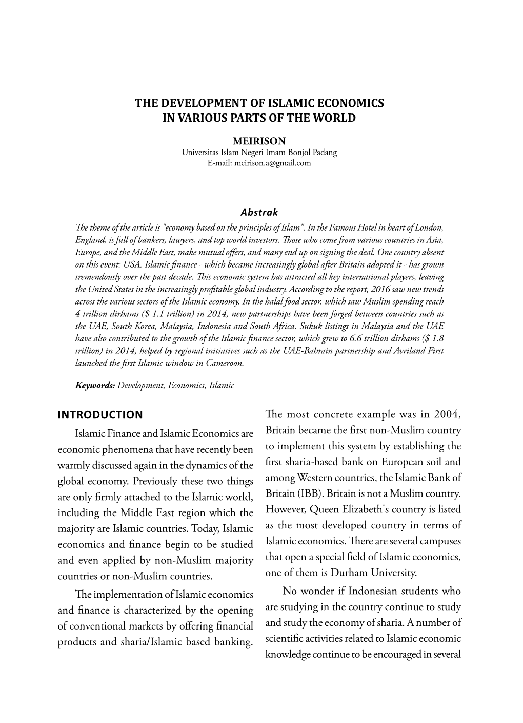 The Development of Islamic Economics in Various Parts of the World Introduction