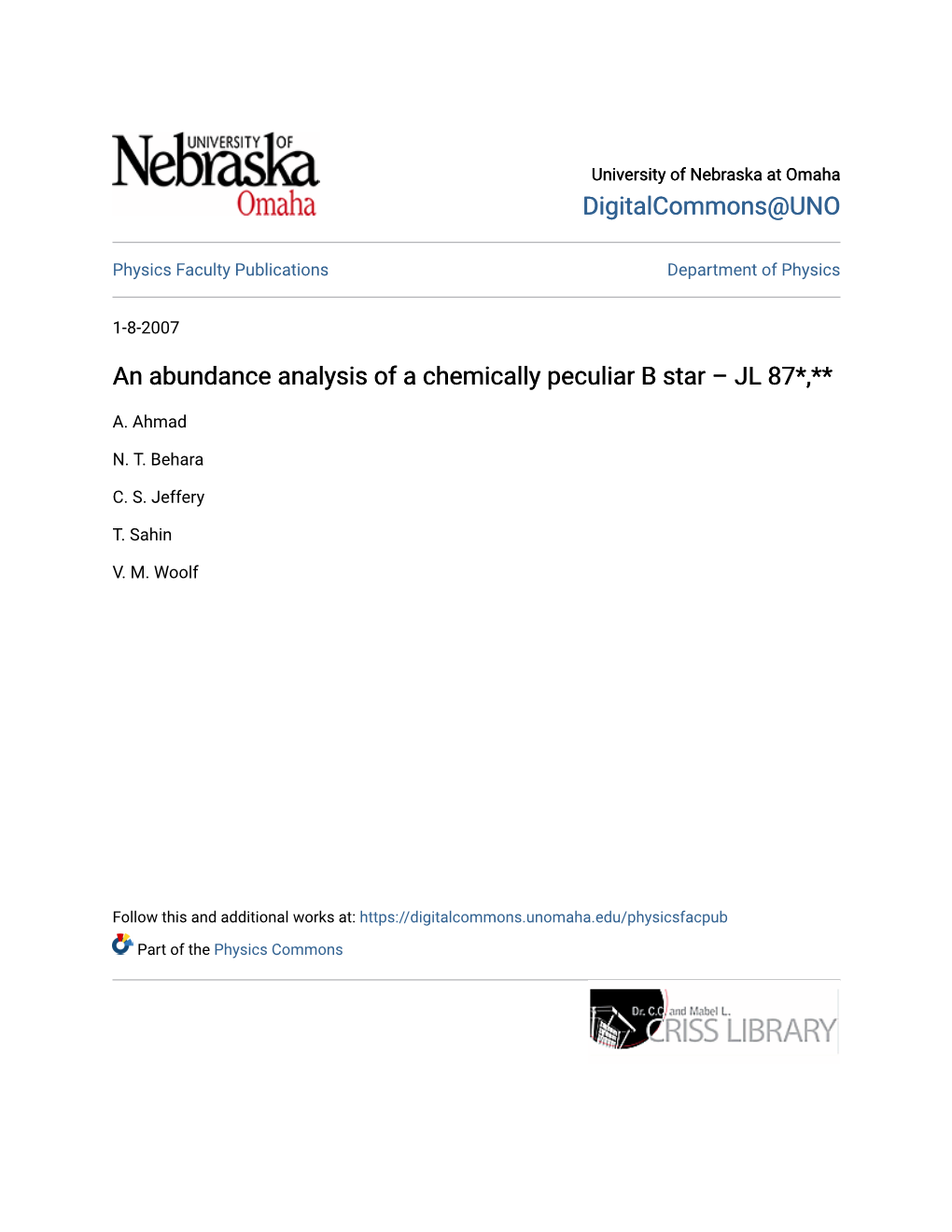 An Abundance Analysis of a Chemically Peculiar B Star – JL 87*,**