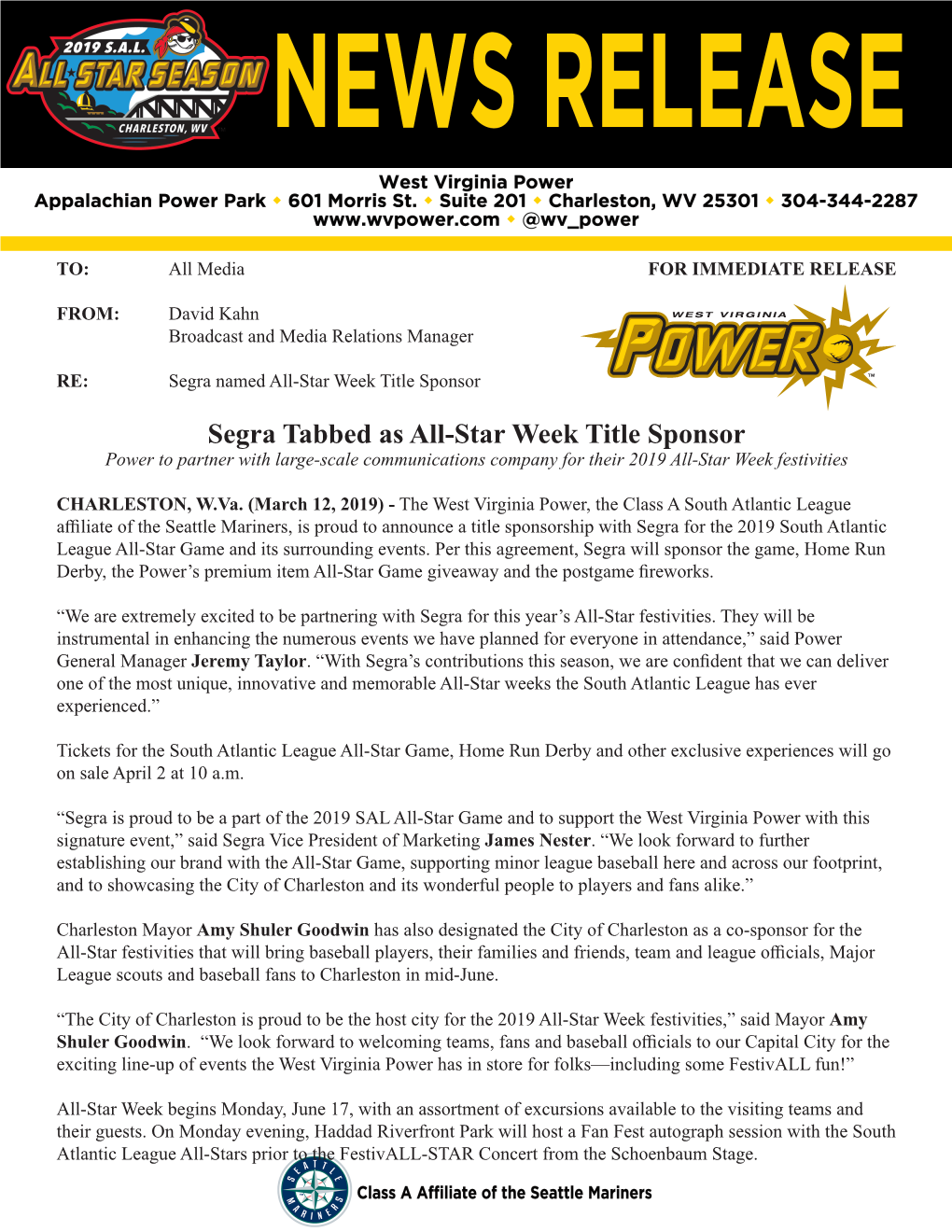 Segra Tabbed As All-Star Week Title Sponsor Power to Partner with Large-Scale Communications Company for Their 2019 All-Star Week Festivities
