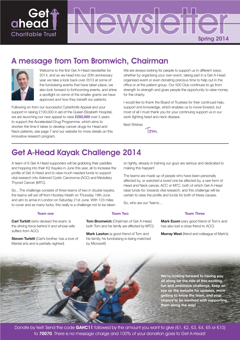 A Message from Tom Bromwich, Chairman Get A-Head Kayak Challenge 2014