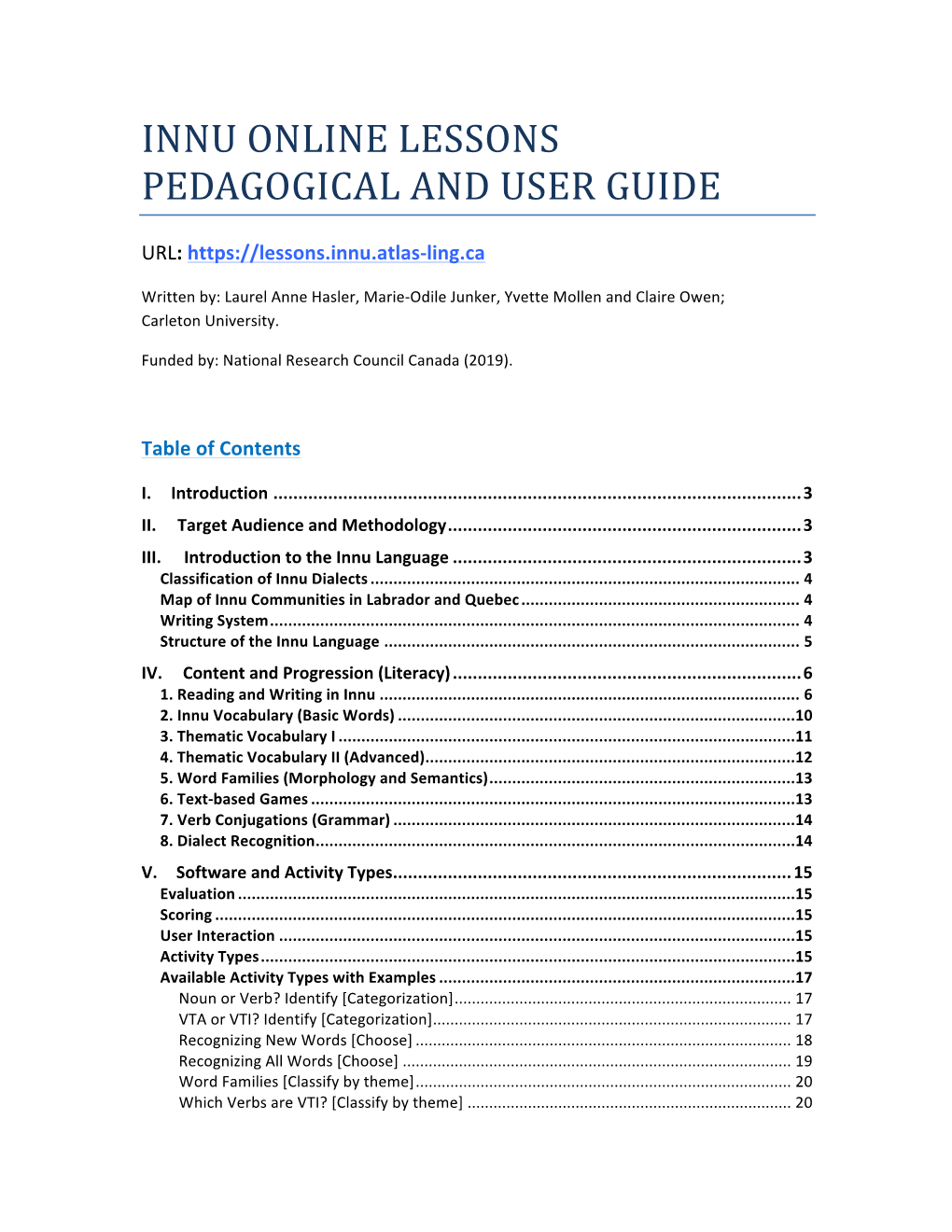 Innu Online Lessons Pedagogical and User Guide