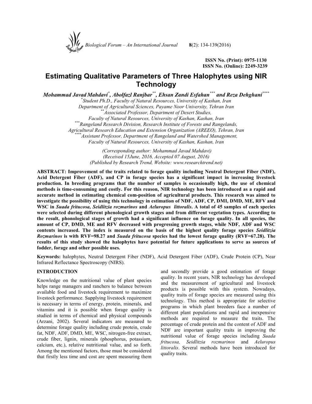 Estimating Qualitative Parameters of Three Halophytes Using NIR