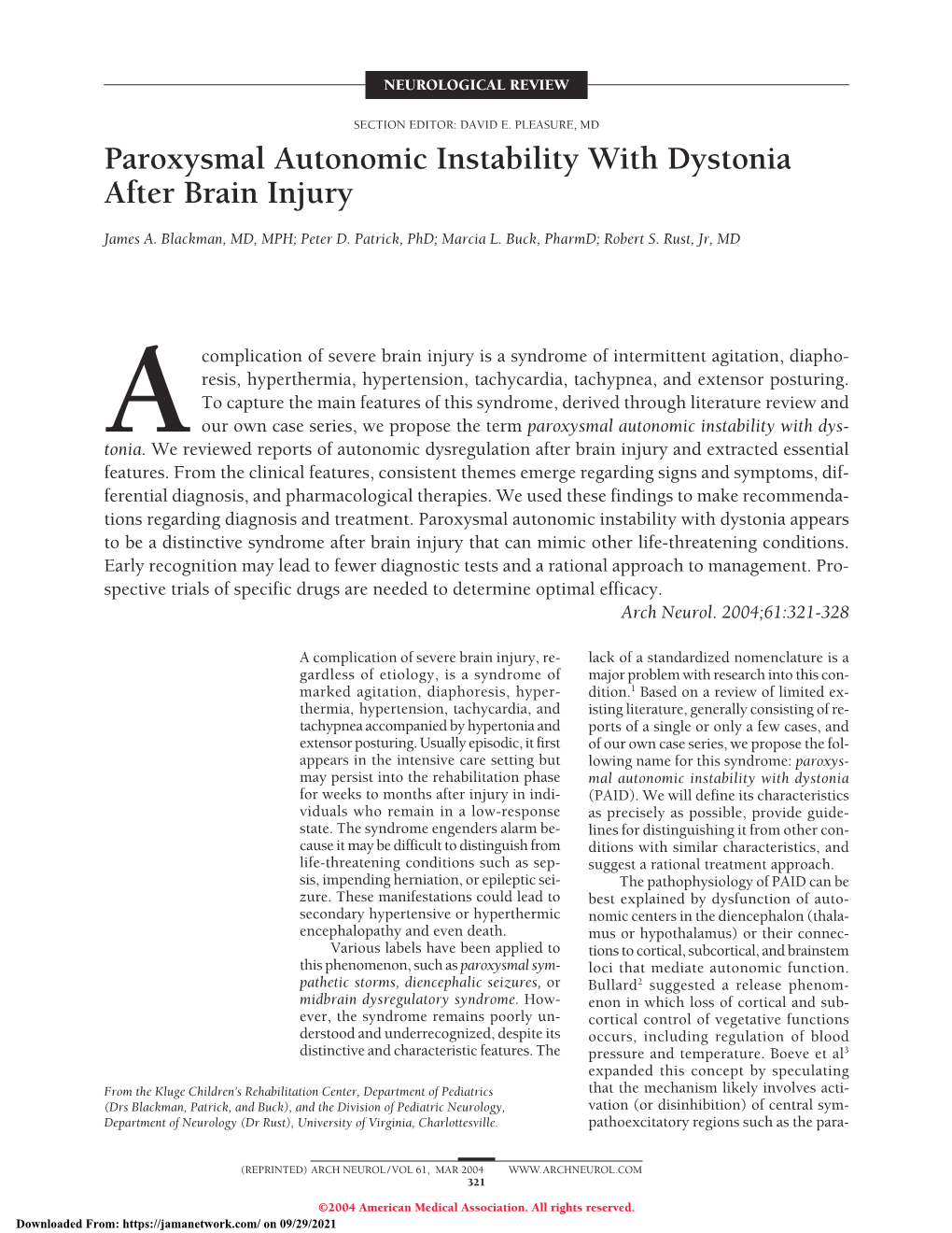 Paroxysmal Autonomic Instability with Dystonia After Brain Injury