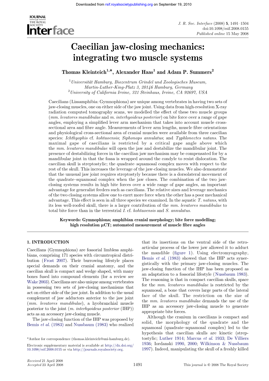 Caecilian Jaw-Closing Mechanics: Integrating Two Muscle Systems