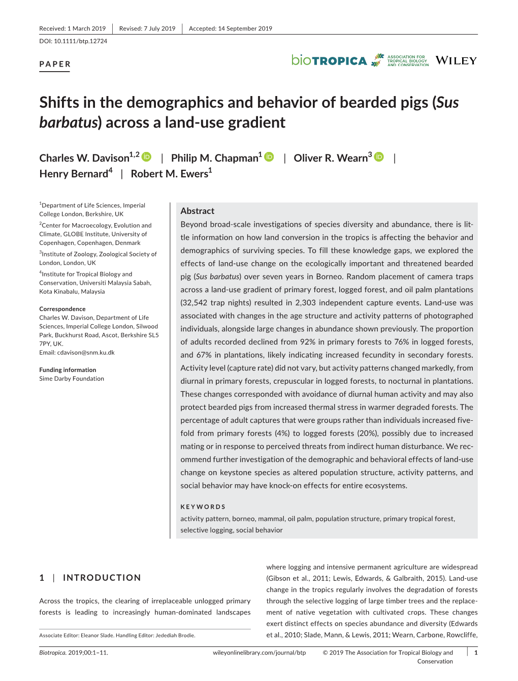Shifts in the Demographics and Behavior of Bearded Pigs (Sus Barbatus) Across a Land-Use Gradient