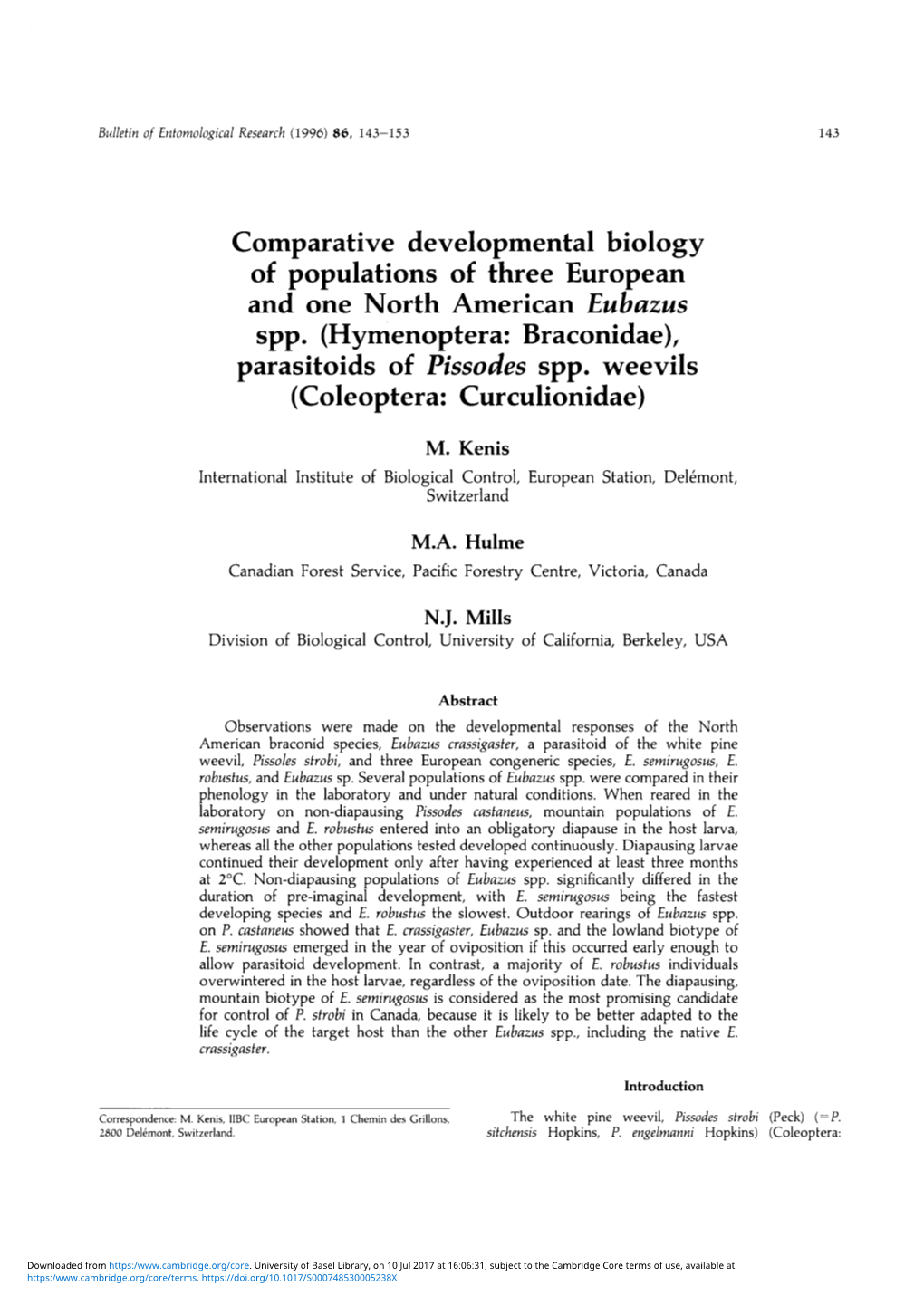 Comparative Developmental Biology of Populations of Three European and One North American Eubazus Spp