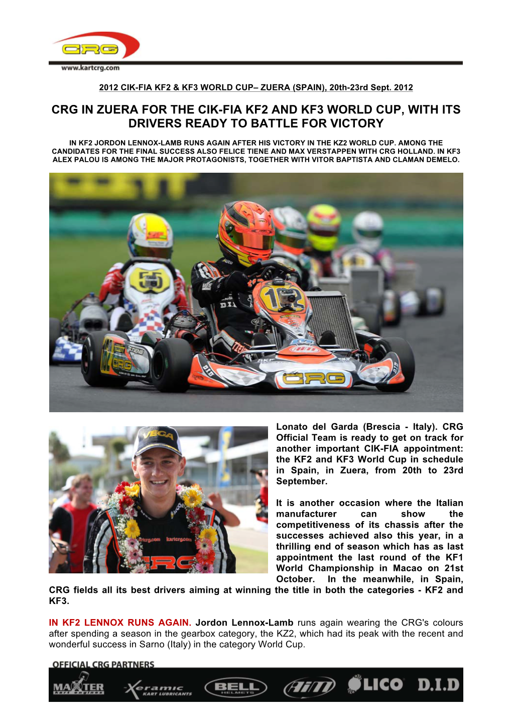 Crg in Zuera for the Cik-Fia Kf2 and Kf3 World Cup, with Its Drivers Ready to Battle for Victory