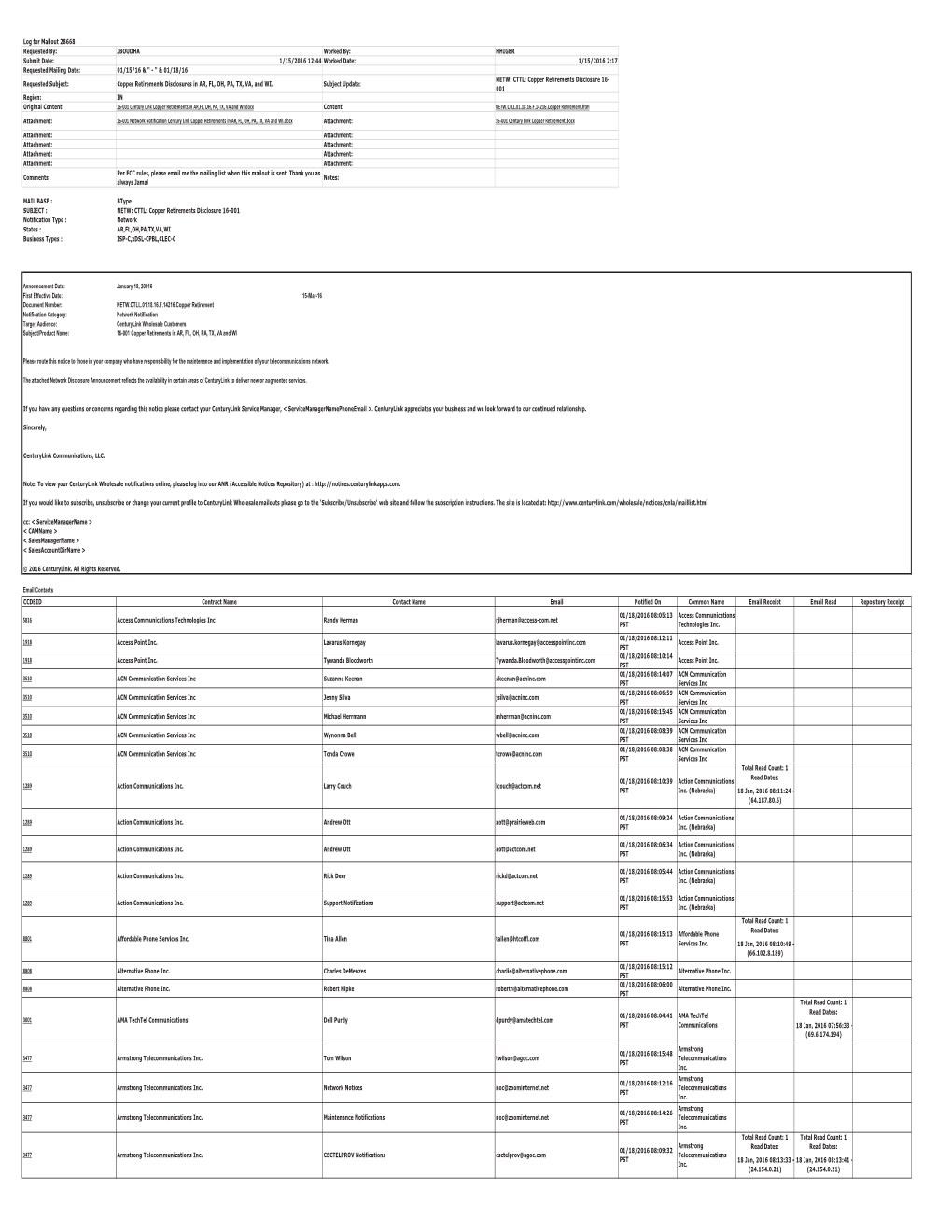 D 160120 CTL 16-001 Distribution List