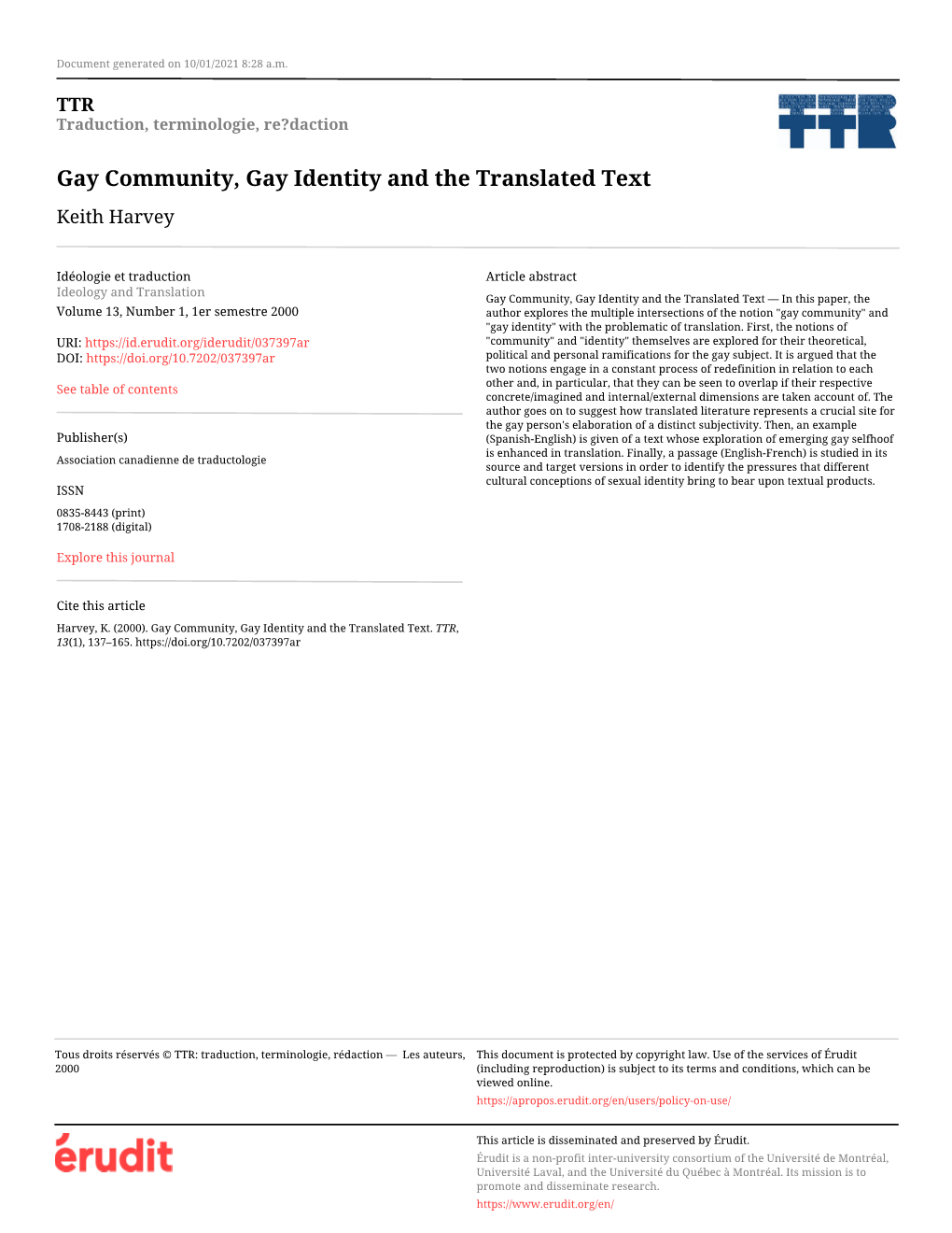 Gay Community, Gay Identity and the Translated Text Keith Harvey