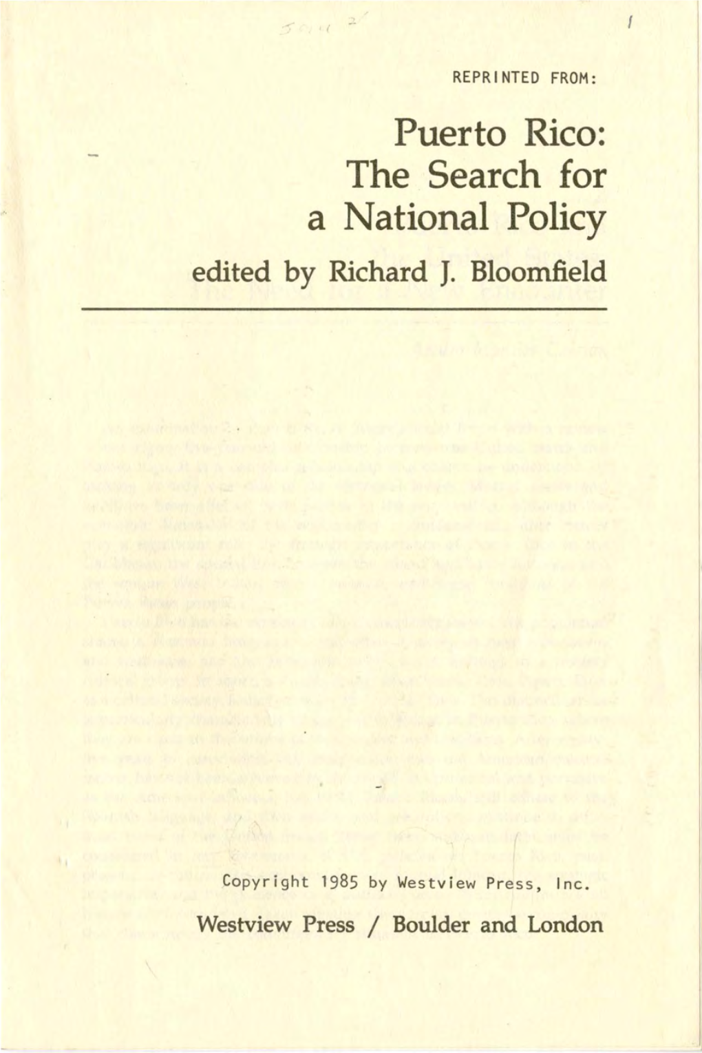 Puerto Rico and the United States: the Need for a New Encounter, 1985