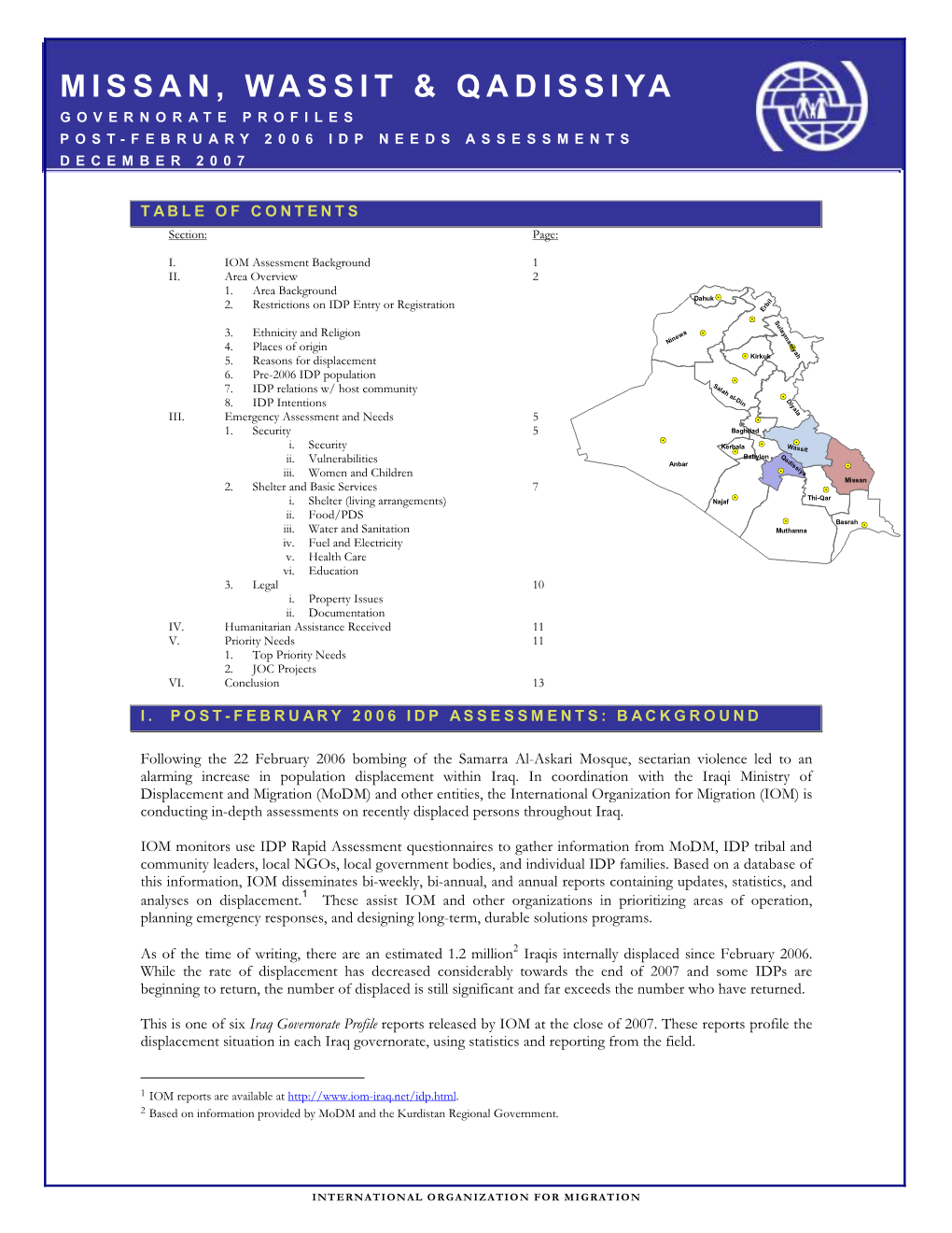 Missan, Wassit & Qadissiya Governorate Profiles Post-February 2006 Idp Needs Assessments December 2007