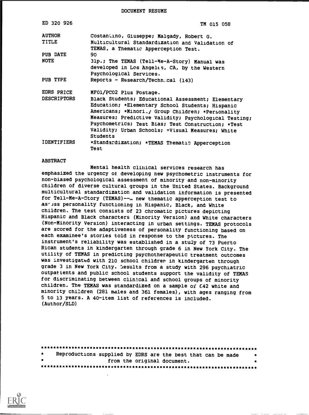 Multicultural Standardization and Validation of TEMAS, a Thematic Apperception Test