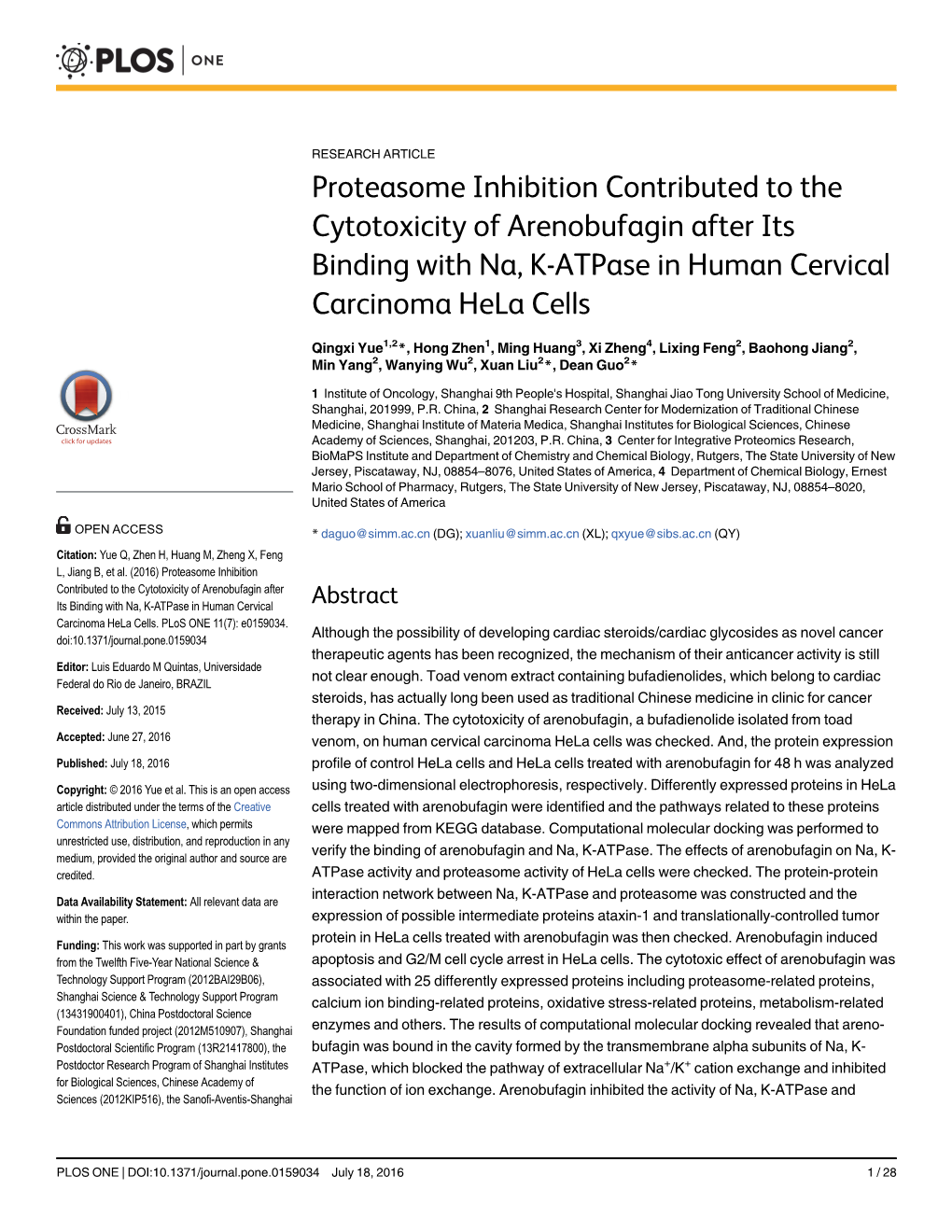 Proteasome Inhibition Contributed to the Cytotoxicity of Arenobufagin After Its Binding with Na, K-Atpase in Human Cervical Carcinoma Hela Cells