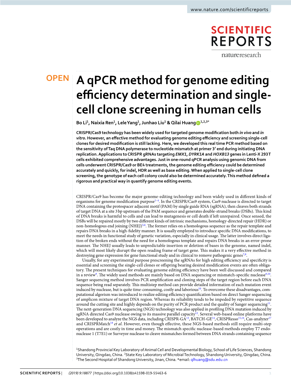 A Qpcr Method for Genome Editing Efficiency Determination and Single