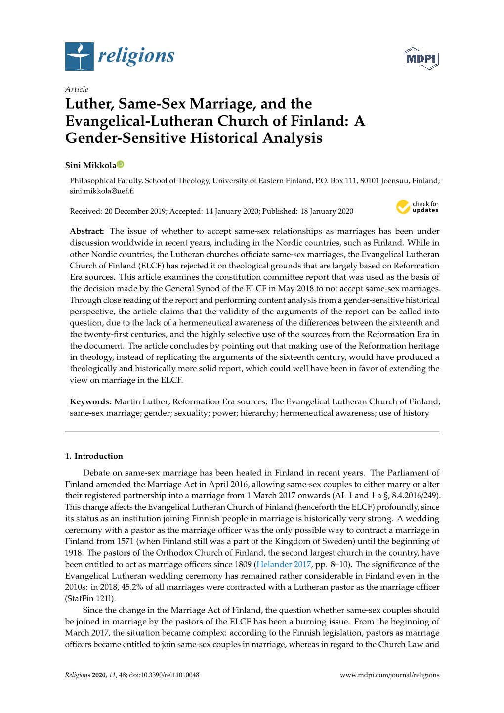 Luther, Same-Sex Marriage, and the Evangelical-Lutheran Church of Finland: a Gender-Sensitive Historical Analysis