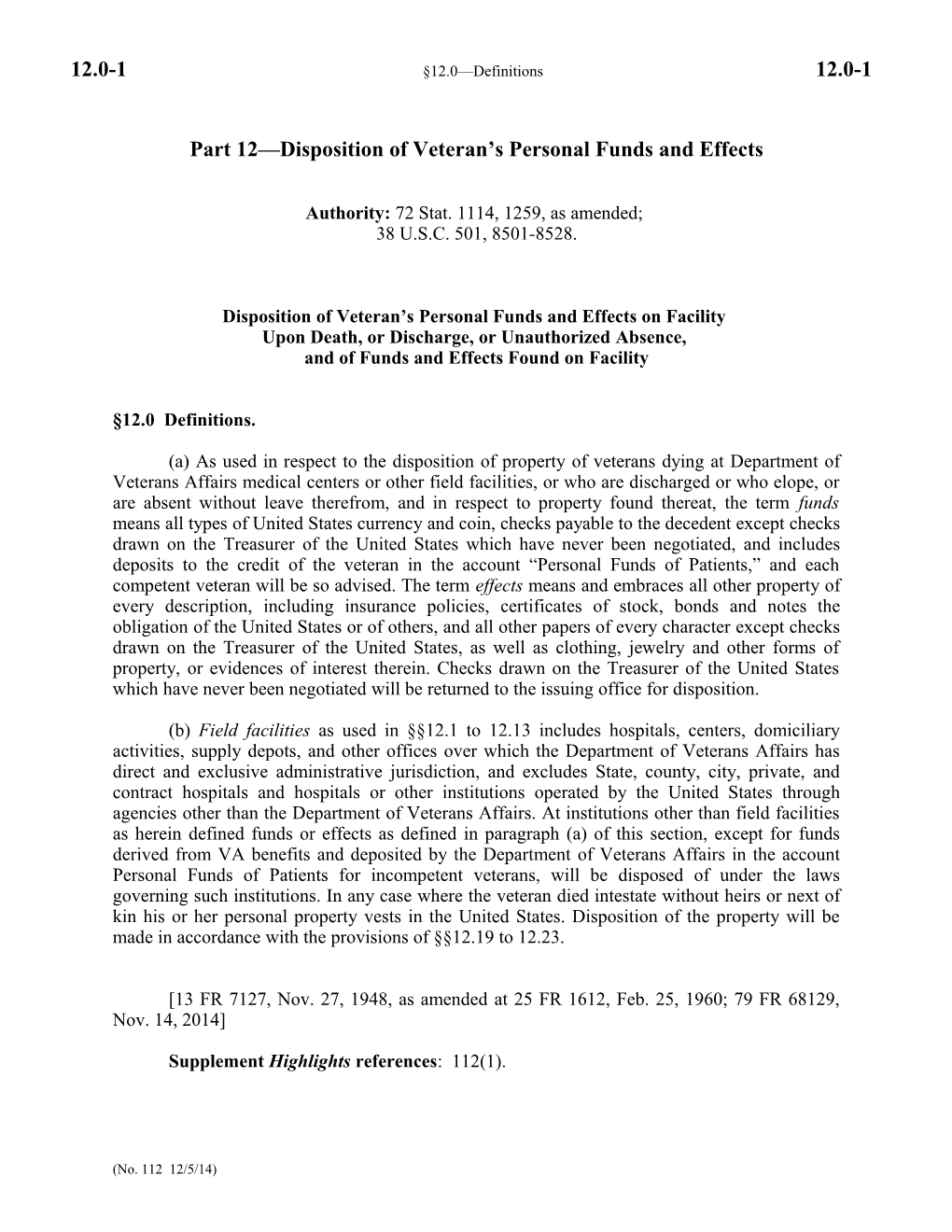 Part 12 Disposition of Veteran S Personal Funds and Effects