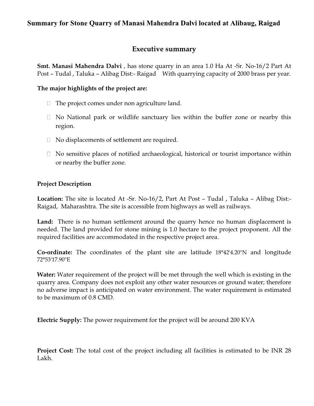Summary for Stone Quarry of Manasi Mahendra Dalvi Located at Alibaug, Raigad