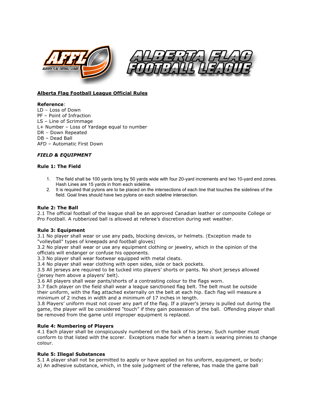 Alberta Flag Football League Official Rules Reference