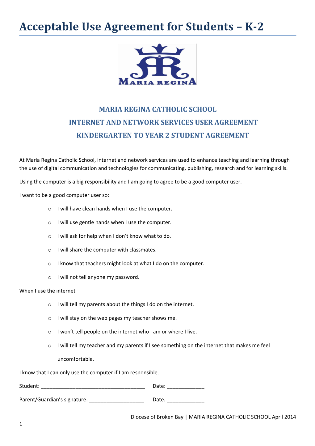 Acceptable Use Agreement for Students K-2