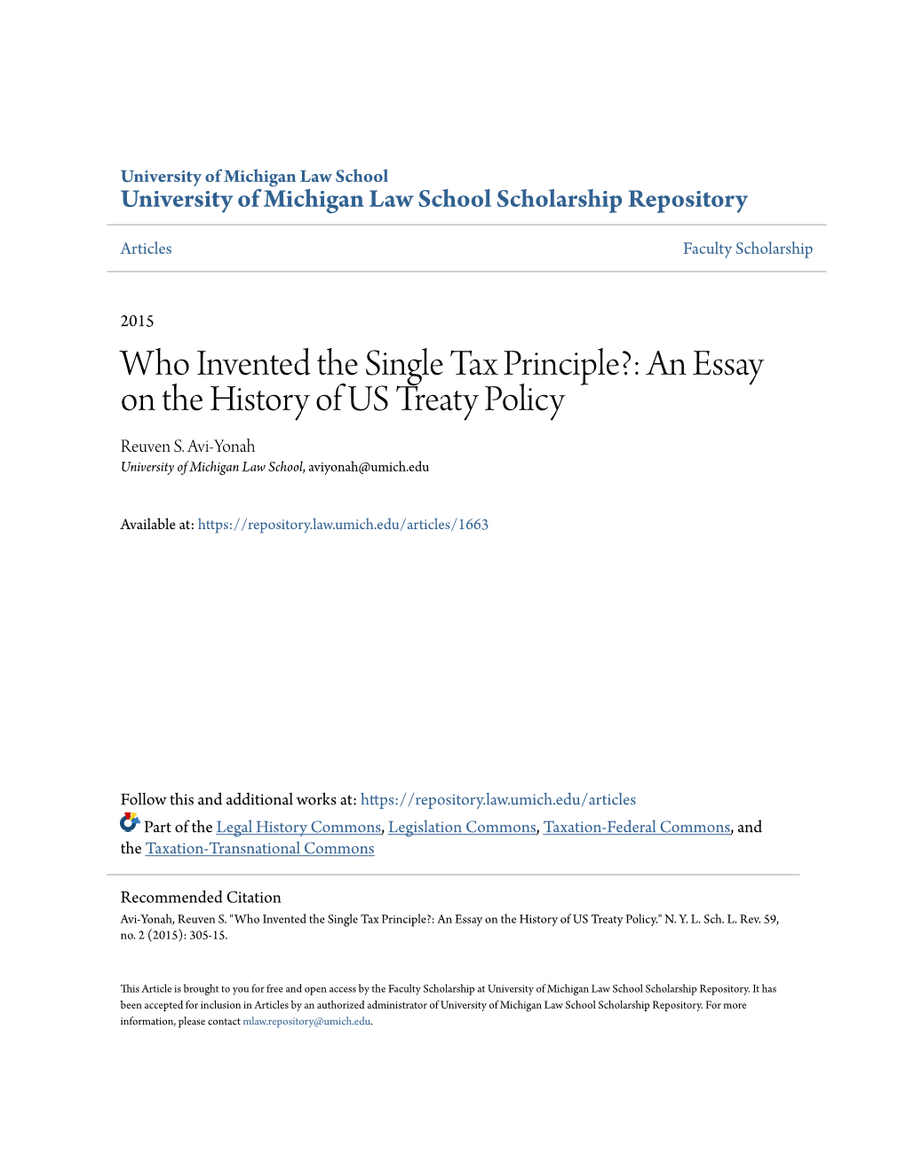 Who Invented the Single Tax Principle?: an Essay on the History of US Treaty Policy Reuven S