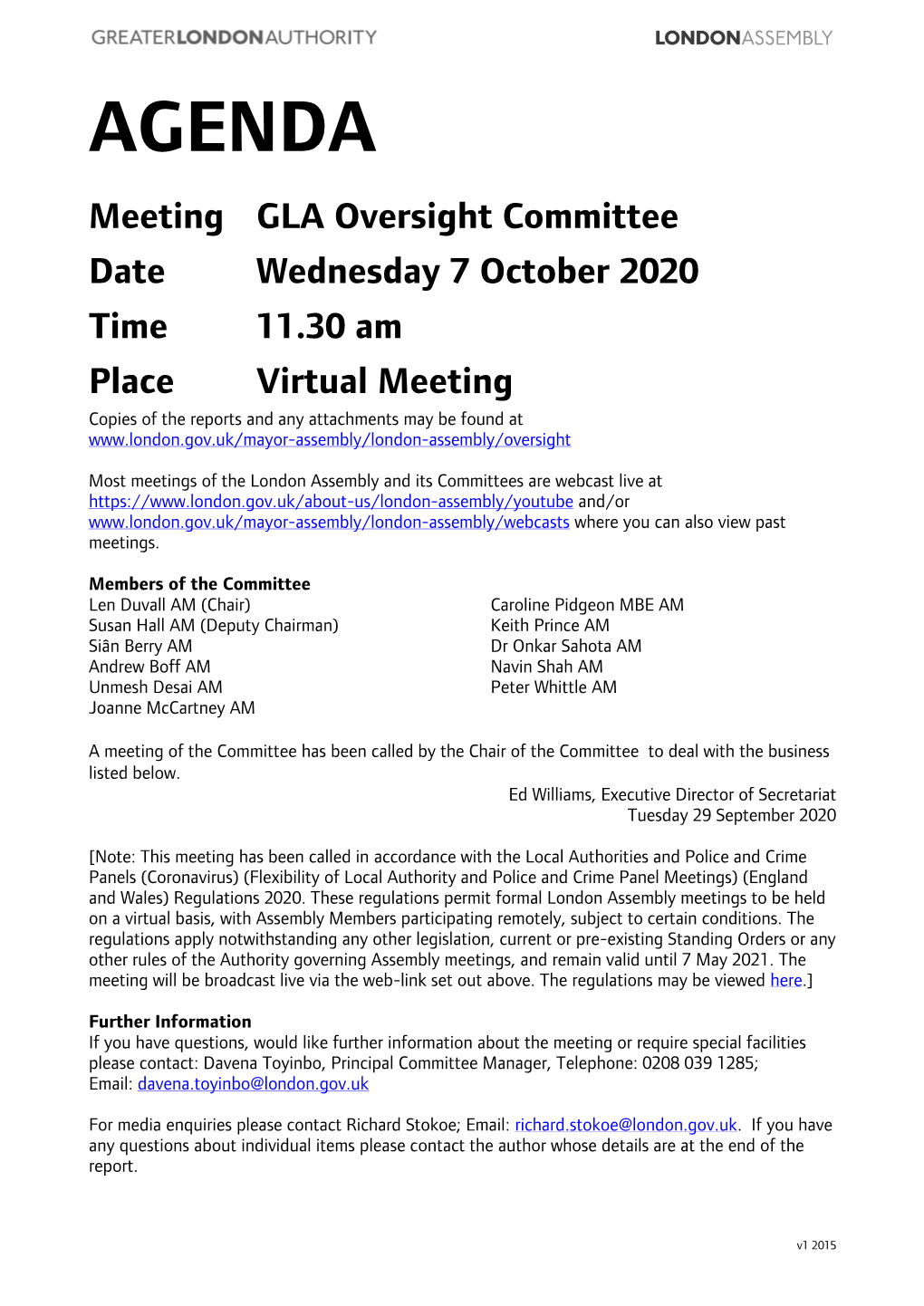 (Public Pack)Agenda Document for GLA Oversight Committee, 07/10