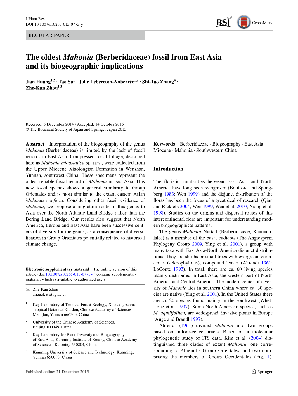 The Oldest Mahonia (Berberidaceae) Fossil from East Asia and Its Biogeographic Implications