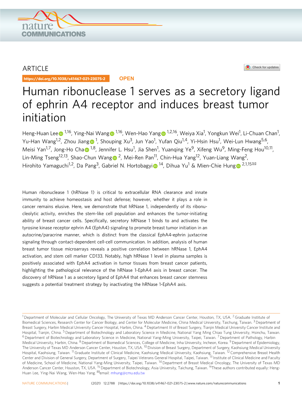 Human Ribonuclease 1 Serves As a Secretory Ligand of Ephrin A4 Receptor and Induces Breast Tumor Initiation